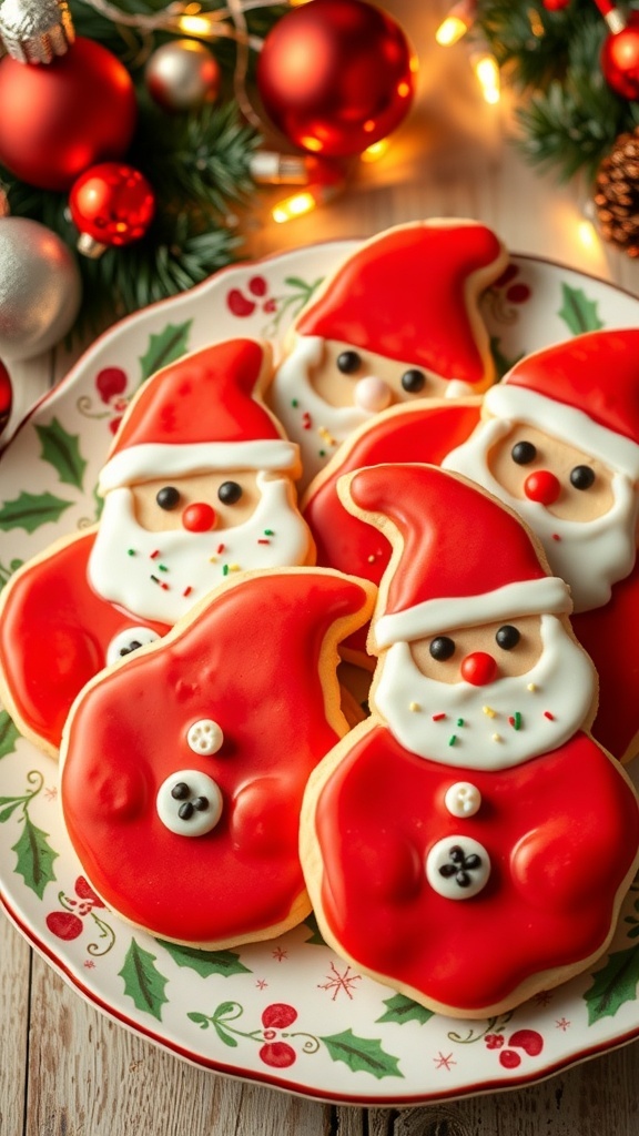 Christmas Sugar Cookies with Santa Decoration A plate of Santa-shaped sugar cookies decorated with icing and sprinkles, set against a festive Christmas backdrop.